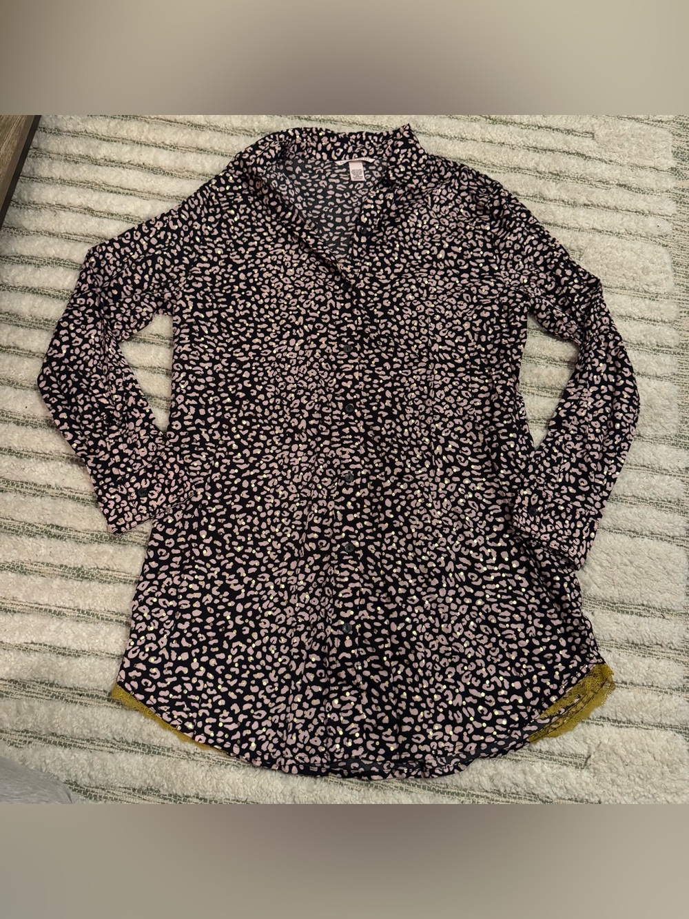 Victoria’s Secret Pink & Black Leopard Print Sleepshirt with Lace Trim M Mint